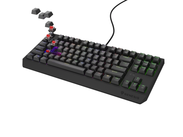Tastatura gaming mecanica cu fir genesis thor 230 tkl, iluminare rgb, swtich linear, switch model outemu red, numar taste 87, 11 butoane multimedia, lungime cablu 1.6m, dimensiuni 363 x 155 x 39 mm, negru