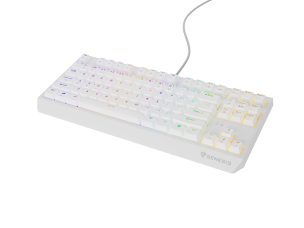 Tastatura gaming mecanica cu fir genesis thor 230 tkl, iluminare rgb, swtich linear, switch model outemu red, numar taste 87, 11 butoane multimedia, lungime cablu 1.6m, dimensiuni 363 x 155 x 39 mm, alb
