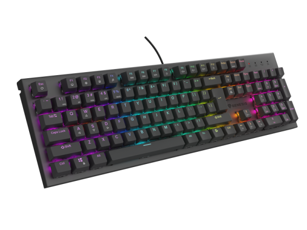 Tastatura gaming mecanica cu fir genesis thor 303, iluminare rgb, swtich tactile, switch model outemu brown, numar taste 104, 11 butoane multimedia, lungime cablu 1.8m, dimensiuni 442 x 136 x 36 mm, negru