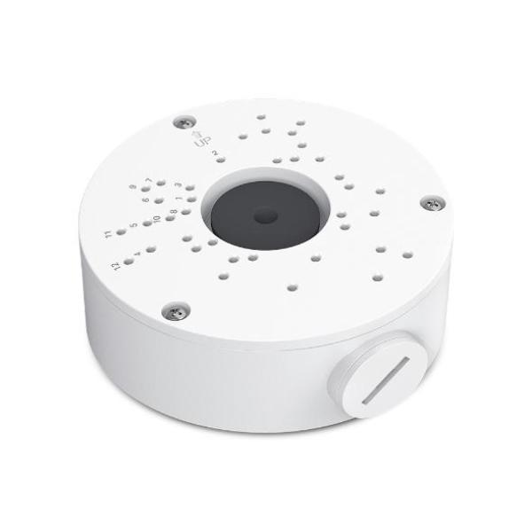 Vigi network camera junction box spec：aluminum alloy、364g、∅125 × 130.47 × 45.7 mm (4.92 × 5.14 × 1.80 in) feature：practical design for hiding cables、aluminum build with waterproof capabilities、compatible with all vigi cameras、suitable for indoor or outdoo