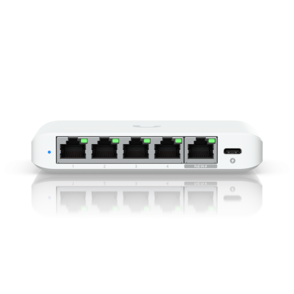 Ubiquiti usw-flex-2.5g-5, 5 porturi rj45 1/2.5 gbe, capacitate 25 gbps, 1 adaptor de alimentare ac, 5v dc, 1a, 1 poe (paira 1, 2+; 3, 6-)(pairb 4, 5+; 7, 8-), dimensiuni 117.1 x 90 x 21.2 mm (4.6 x 3.5 x 0.8")