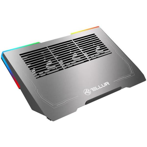 Cooler laptop tellur shade, pentru laptpori cu dimensiunea de 17", 3 ventilatoare, conexiune usb-a sau usb-c plug and play, iluminare rgb led, gri