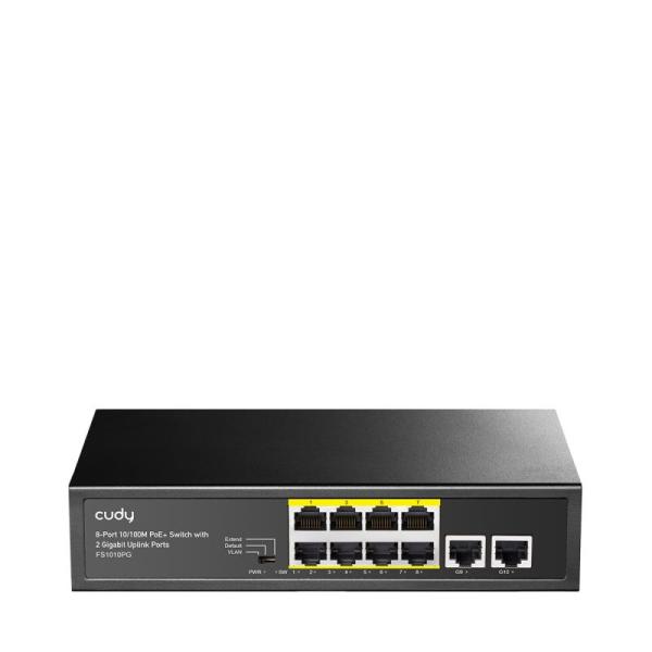 Cudy 8-port 10/100m pse rj-45  +2 rj45 10/100/1000m uplink port unmanaged poe+ switch,cctv/vlan/watchdog on/off switch(new version), long distance:250m at cctv mode. support pd alive function, ±4 kv surge protection,  802.3af/at standard,  alternative 1/2