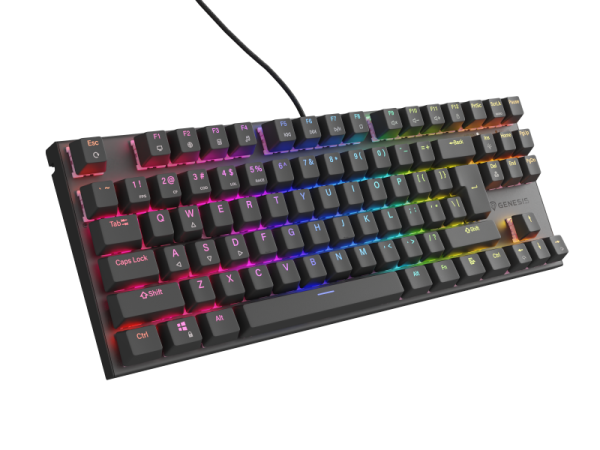 Tastatura gaming mecanica cu fir genesis thor 303 tkl, iluminare rgb, switch linear, switch model outemu peach silent, numar taste 87, 11 butoane multimedia, lungime cablu 1.8m, dimensiuni 355 x 136 x 36 mm, negru