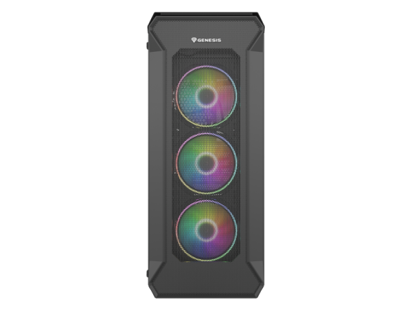 Carcasa genesis irid 505 v2 mid tower argb negru, tempered glass, sloturi expansiune 8, drive bays: 2x3.5" 7x2.5", ventilatoare suportate: 6 (spate: 1x120mm, fata: 3x120mm sau 2x140mm, sus: 2x120mm sau 2x140mm), ventilatoare incluse: 4 (4x120mm oxal argb)