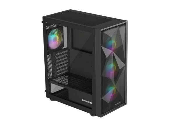 Carcasa genesis diaxid 605 mid tower argb negru, tempered glass, sloturi expansiune 7, drive bays: 2x3.5" 3x2.5", ventilatoare suportate: 8 (spate: 1x120mm, fata: 3x120mm sau 3x140mm, sus: 2x120mm sau 2x140mm, jos: 2x120mm), ventilatoare incluse: 4 (spate