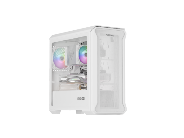 Carcasa genesis irid 503 lite mini tower argb alb, tempered glass, sloturi expansiune 5, drive bays: 2x3.5" 3x2.5", ventilatoare suportate: 6 (spate: 1x120mm, fata: 3x120mm sau 2x140mm, sus: 2x120mm sau 2x140mm), ventilatoare incluse: 1 (spate: 1x120mm), 