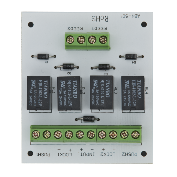Modul electronic pentru doua usi cu incuietori tip fail-safe cu monitorizare sau buton.