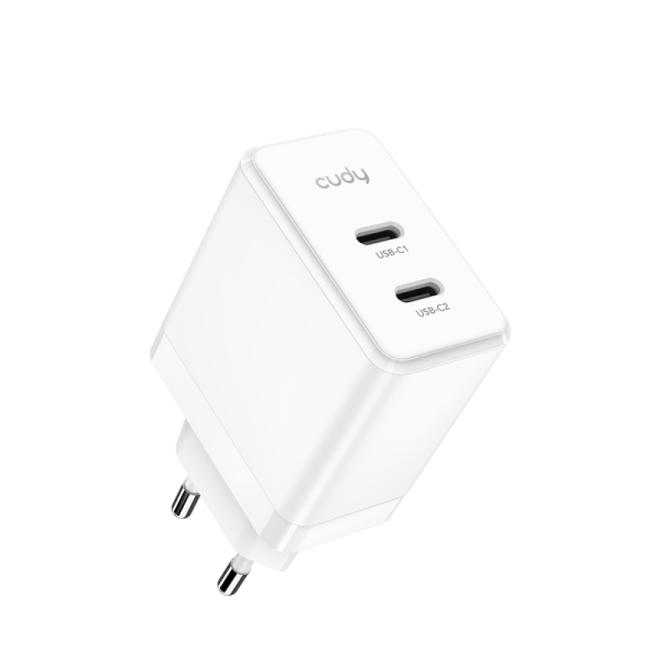 Cudy 2-port 40w usb-c charger, gan, 2 x usb-c (20w max per port), qc+pps+pd 3.0, eu plug, fast charge for iphone 12 series and above, galaxy, ipad, macbook air and more