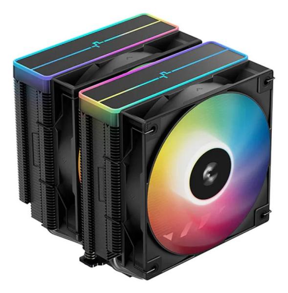 Cooler procesor deepcool ag620 argb v2 negru, marime heatsink 161x136x129mm, 2 ventilatoare argb, viteza ventilator 300-1950 rpm +/- 10%, airflow: 67.88 cfm, suport amd: am4/am5, suport intel: lga 1851/1700/1200/1151/1150/1155, nivel de zgomot: 29.4 dba