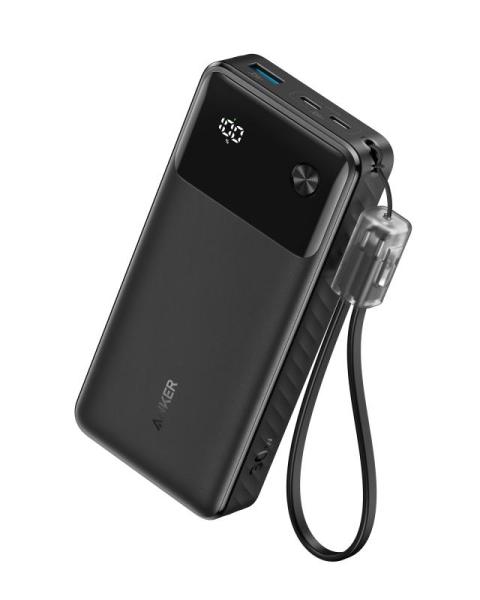 Baterie externa anker, capacitate baterie 20000mah, 30w pd 3.1, 1 x usb, 2 x usb-c, afisaj inteligent, voltaj iesire 5 v, amperaj 3 a, negru