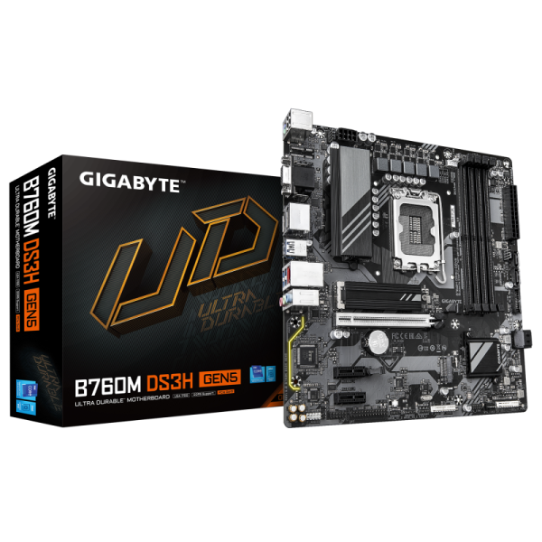 Placa de baza gigabyte b760m ds3h gen5 lga1700, 4x ddr5, 1x d-sub 1x hdmi 2x dp, 1x pcie 5.0 x16 2x pcie 3.0 x1, 2x m.2, 4x sata 6gb/s, matx
