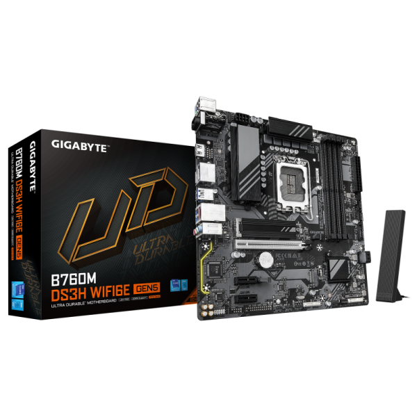 Placa de baza gigabyte b760m ds3h wifi6e gen5 lga1700, 4x ddr5, 1x hdmi 2x dp, 1x pcie 5.0 x16 2x pcie 3.0 x1, 2x m.2, 4x sata 6gb/s, matx