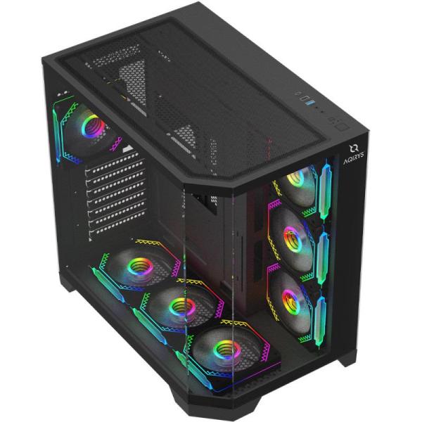 Carcasa aqirys titan mid tower argb negru, tempered glass, sloturi expansiune 7, drive bays: 1x3.5" 2x2.5", ventilatoare suportate: 10 (spate: 1x120mm, lateral: 3x120mm, sus: 3x120mm, jos: 3x120mm), ventilatoare incluse: 7 (spate: 1x120mm, lateral: 3x120m