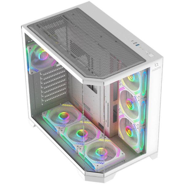 Carcasa aqirys titan mid tower argb alb, tempered glass, sloturi expansiune 7, drive bays: 1x3.5" 2x2.5", ventilatoare suportate: 10 (spate: 1x120mm, lateral: 3x120mm, sus: 3x120mm, jos: 3x120mm), ventilatoare incluse: 7 (spate: 1x120mm, lateral: 3x120mm,