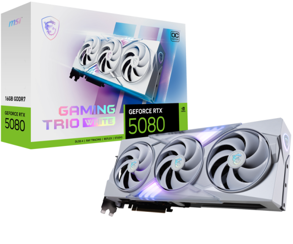 Placa video msi geforce rtx 5080 16g gaming trio oc white gddr7 256 bit, pcie 5.0, 3x dp 1x hdmi