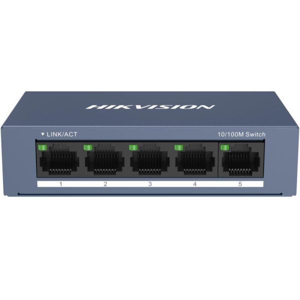 Switch hikvision ds-3e0105-o: 5 × 10/100 mbps rj45 port, tensiune alimentare 5 vdc, 1a., dimensiuni: 103.05 mm × 25.6 mm × 61.1 mm, greutate: 0.15kg, montare pe birou sau pe perete.