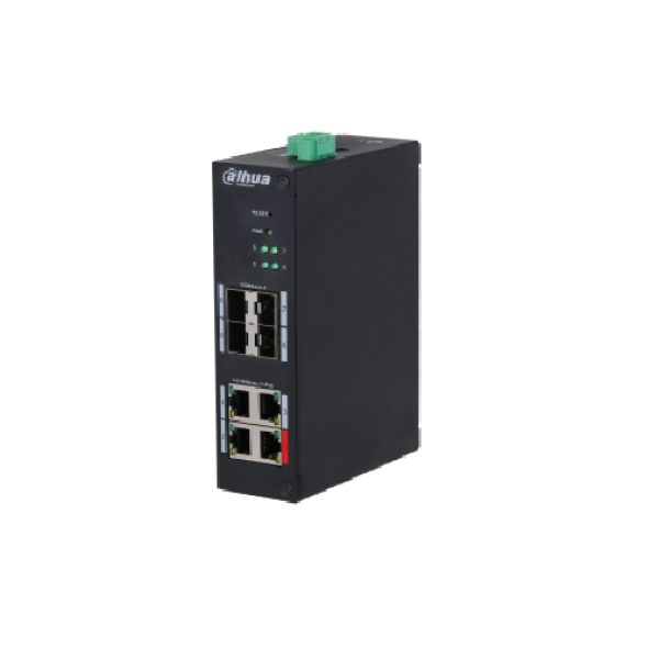 8-port hardened managed switch with 4-port poe  > comes with 4 × 10/100 mbps poe ports and 4 × sfp 1000 mbps uplink ports > meets the requirements of ieee 802.3af and ieee 802.3at power supply standards. the red port complies hi-poe/ieee 802.3bt standard,