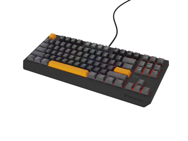 Tastatura gaming mecanica cu fir genesis thor 230 tkl, iluminare rgb, switch linear, switch model outemu red, numar taste 87, 11 butoane multimedia, lungime cablu 1.6m, dimensiuni 363 x 155 x 39 mm, gri