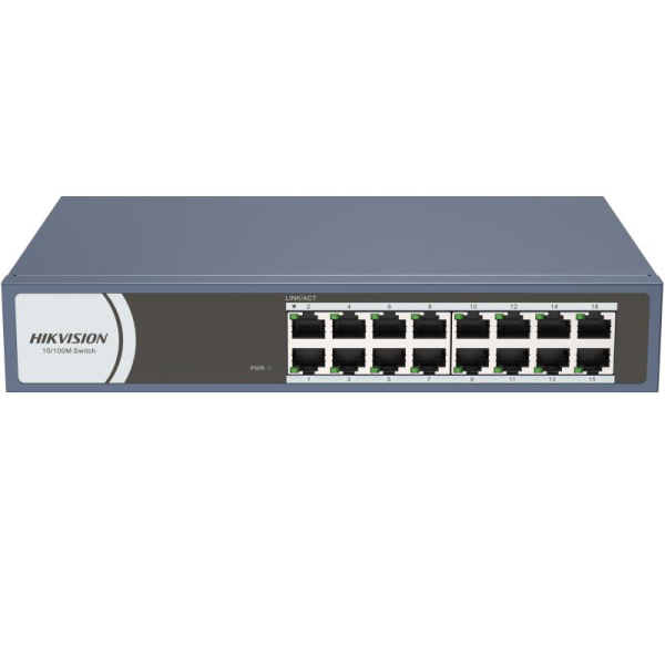 Switch hikvision ds-3e0116r-o: 16 × 10/100 mbps rj45 port,  tensiune alimentare 220 vac, 50/60 hz, dimensiuni: 257..0 mm × 44.5 mm × 175.8 mm, greutate: 1.1kg, montare pe birou, in rack sau pe perete.