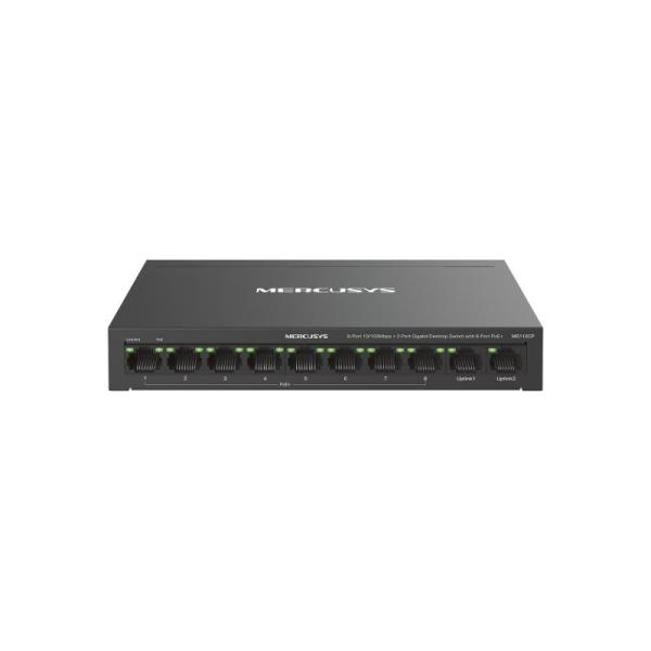 Switch desktop mercusys 8-port 10/100 mbps + 2-port gigabit desktop switch with 8-port poe+, ieee 802.3x flow control, 5.6 gbps, dimensiuni 6.7 × 3.9 × 1.1 in (171 × 98 × 27 mm)