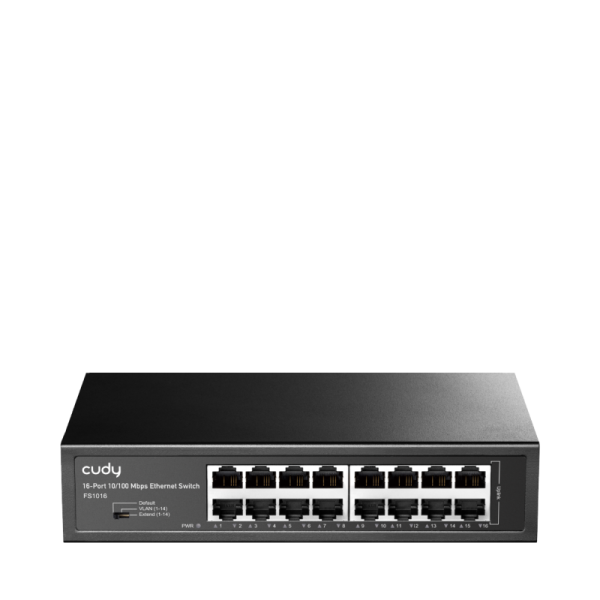 Cudy 16-port 10/100 mbps switch, 16 10/100 mbps rj45 ports, switch/vlan/extend working mode dip switch, rack-mountable steel case, power saving, plug & play, rack-mount kits included