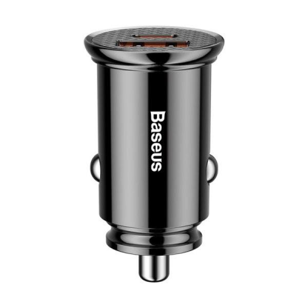Incarcator auto baseus circular plastic pps, 1 x usb output 4.5v/5a, 1 x usb type-c output 5v/3a, total output 30w, pt. bricheta auto, negru