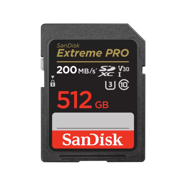 Sandisk extreme pro. capacity: 512 gb, flash card type: sdxc, flash memory class: class 10, read speed: 200 mb/s, write speed: 140 mb/s, uhs speed class: class 3 (u3), video speed class: v30. protection features: shock resistant, waterproof, x-ray proof, 