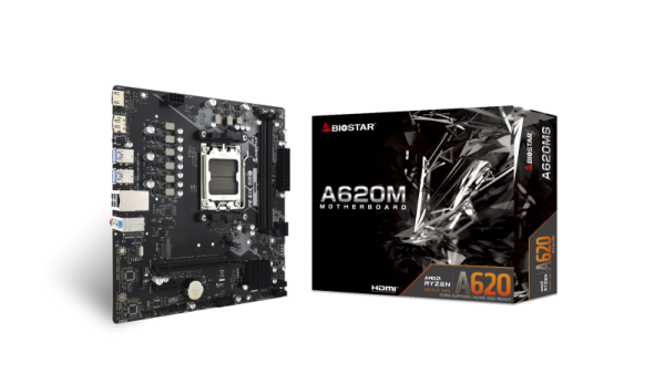 Biostar a620ms. processor manufacturer: amd, processor socket: socket am5, compatible processor series: amd ryzen 7000 series, amd ryzen 8000 series, amd ryzen 9000 series. supported memory types: ddr5-sdram, maximum internal memory: 128 gb, memory slots 
