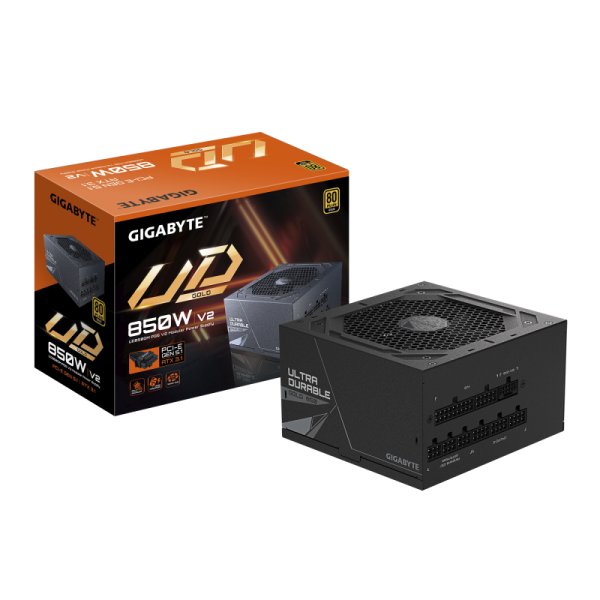 Gigabyte ud850gm pg5 v2 power supply unit- pcie gen 5.1, 80 plus gold, fully modular design, 120mm fan, atx 3.1 compatible, eu plug.  total power: 850 w, ac input voltage: 100 - 240 v, ac input frequency: 50/60 hz. motherboard power connector: 20+4 pin at