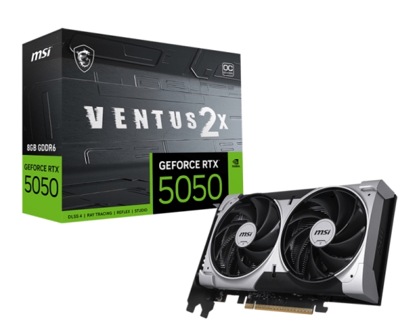 Msi geforce rtx 5050 8g ventus 2x oc. graphics processor family: nvidia, graphics processor: geforce rtx 5050. discrete graphics card memory: 8 gb, graphics card memory type: gddr6, memory bus: 128 bit. maximum resolution: 7680 x 4320 pixels. directx vers