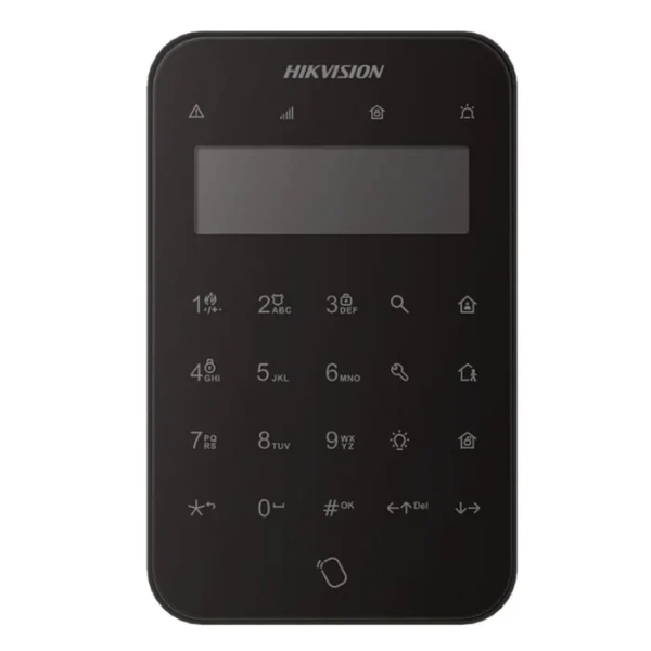 Tastatura wireless lcd ax pro hikvision ds-pk1-lt-we/bk, 868mhz two-way tri-x wireless technology; distanta comunicare rf : 1200m camp deschis; stay/away arm, disarm, silent alarm, output control; complet configurabil la distanță prin app; baterii: 4 x cr