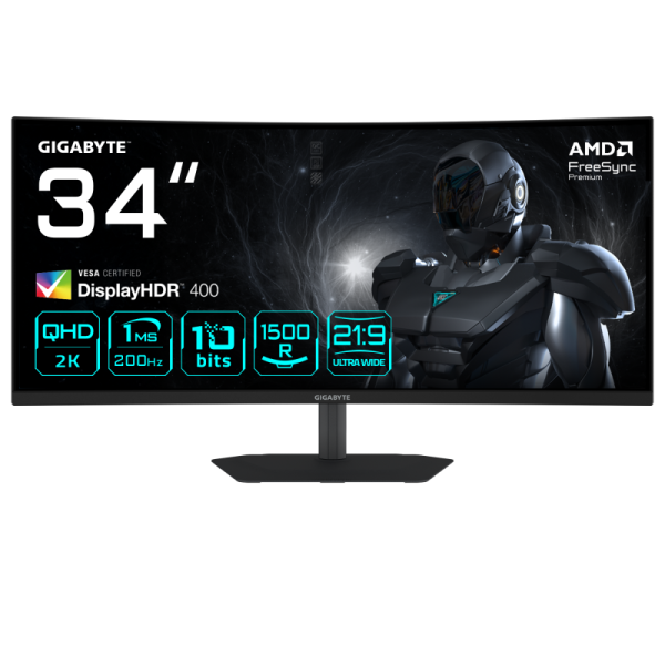 Gigabyte g34wqc2 34” wqhd curved gaming monitor - 3440 x 1440, 1500r, 200hz, 1ms, 450 cd/m2, amd freesync premium, displayhdr 400, hdmi 2.0, displayport 1.4. display diagonal: 86.4 cm (34"), display resolution: 3440 x 1440 pixels, hd type: ultrawide quad 