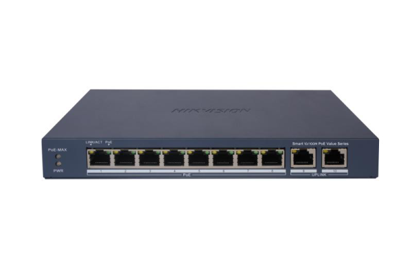 Switch poe hikvision ds-3e1310p-ei/m: 8 × 10/100 mbps poe ports,2 × gigabit rj45 port, 8 porturi poe maxim 30w, buget poe 60w, tensiune alimentare dc54 v,1.2 a, dimensiuni: 217.6 mm × 27.6 mm × 108.5 mm, greutate: 0.54kg, montare pe birou sau pe perete.