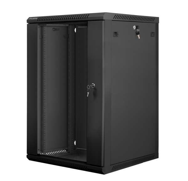 Dulap rack 19" perete 18u / 600x600 (flat pack) cu ușă din sticlă, negru  v2