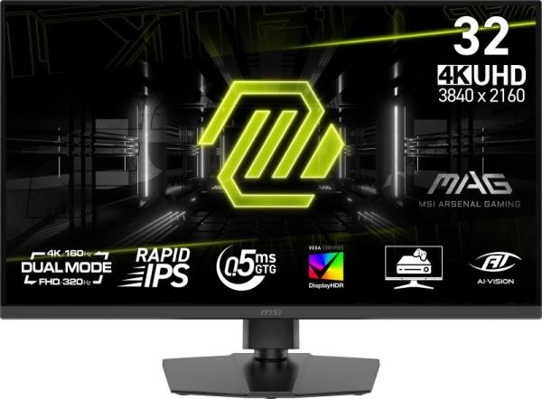 Msi mag 322urdf e16. display diagonal: 80 cm (31.5"), display resolution: 3840 x 2160 pixels, hd type: 4k ultra hd, response time: 0.5 ms, native aspect ratio: 16:9, viewing angle, horizontal: 178°, viewing angle, vertical: 178°. built-in usb hub, usb hub