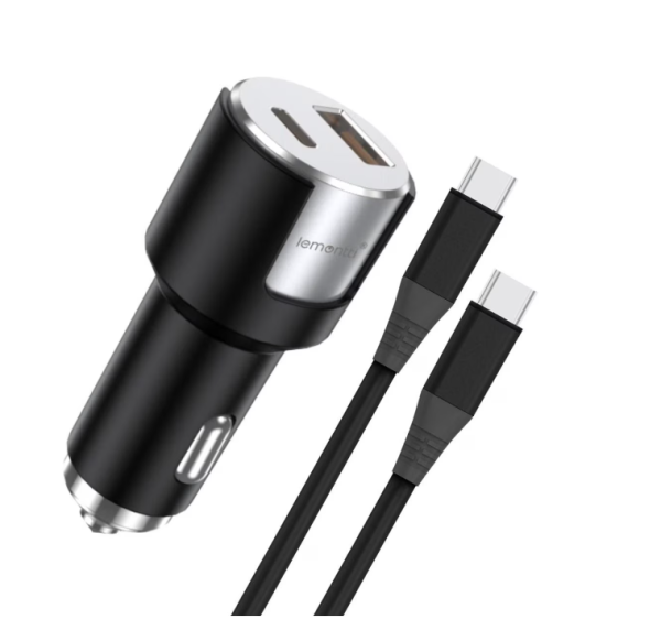 Incarcator auto lemontti fast charge 1 x port pd type-c 20w + 1 x port usb-a qc 3.0 18w cu cablu type-c la type-c 20w, lungime 1m, negru/argintiu