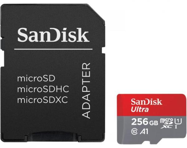 Card de memorie sandisk, 256gb, uhs-i, class 10, 80mb/s + adaptor