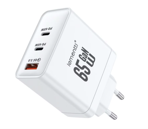 Lemontti incarcator retea gan 2x type-c si 1x usb-a, 65w, fast charge, eu plug, alb