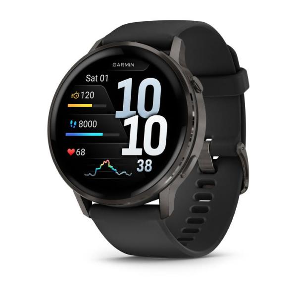 Garmin venu 4. display diagonal: 3.56 cm (1.4"), display technology: amoled, display resolution: 454 x 454 pixels, touchscreen. flash memory: 8 gb. wi-fi. gps (satellite). weight: 38 g. band material: silicone, band colour: black