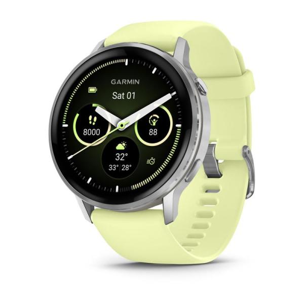 Garmin venu 010-03014-02. display diagonal: 3.56 cm (1.4"), display technology: amoled, display resolution: 454 x 454 pixels, touchscreen. flash memory: 8 gb. wi-fi. gps (satellite). weight: 38 g. band material: silicone