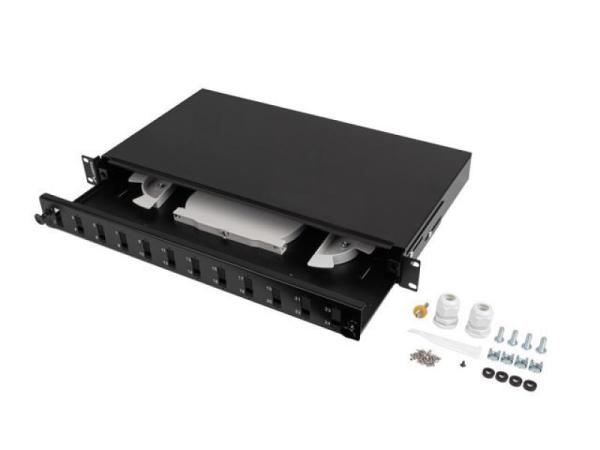 Patch panel fibră rack 19" 1u  12x sc duplex / 12x lc quad, negru + accesorii