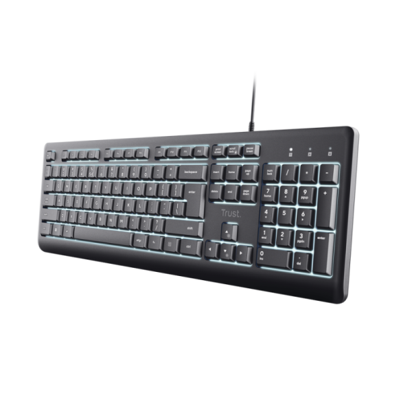 Tastatura cu fir trust primo, membrana, iluminare, numar taste 104, gri