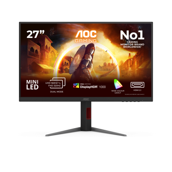 Monitor aoc 27" u27g4xm, diagonal (inch): 27, diagonal (cm): 68, aspect ratio: 16:9, panel: fast ips, resolution: 3840x2160, refresh rate: 160hz, response time gtg: 1ms, brightness (max): 1200 cd/m², contrast (static) : 1000:1, contrast (dynamic): 80m:1, 