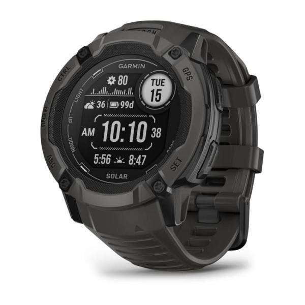 Garmin instinct 2x solar. display diagonal: 2.79 cm (1.1"), display technology: mip, display resolution: 176 x 176 pixels, touchscreen. gps (satellite). weight: 67 g. band material: silicone, band colour: graphite, band size: one size