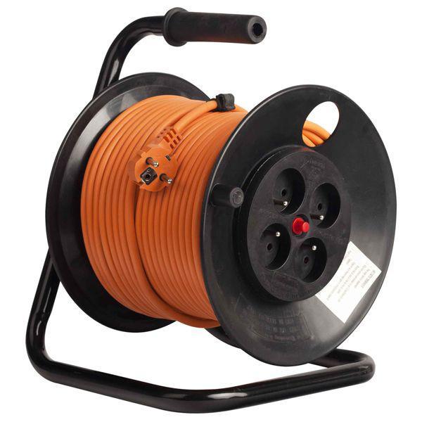 Derulator cu tambur bachmann, 4prize, 50m, fisa schuko dreapta ,protectii: suprasarcina, contact, termica, culoare portocalie