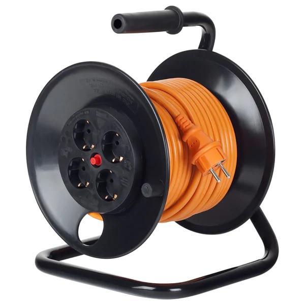 Derulator cu tambur bachmann, 4prize, 25m, fisa schuko dreapta, protectii: suprasarcina, contact, termica, culoare orange