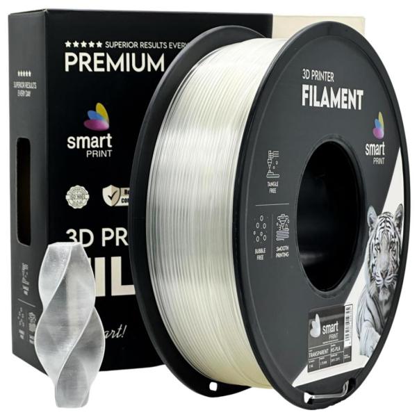 Smart print hs-pla fillament 1kg transparent, diametru 1.75mm, greutate: 1kg, temperatura duza: 180c – 240c, temperatura platforma: 50c – 60c,