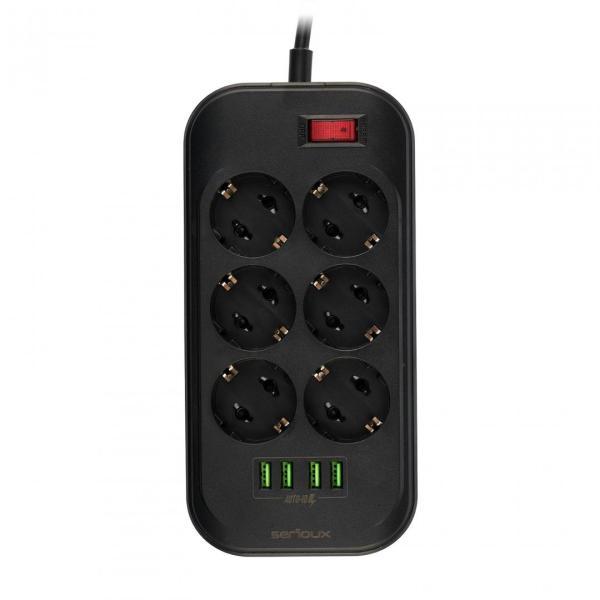 Prelungitor cu protectie serioux, 6 prize schuko, input 100-240v, 50- 60hz, output (total): 2500w - 10a, 4 porturi usb, 4 porturi usb (5v- 3.1a) (auto max) 17w, amperaj port usb (max) 3.4a, functie auto id, antistatic, buton power/off, lungime cablu 2m,ne