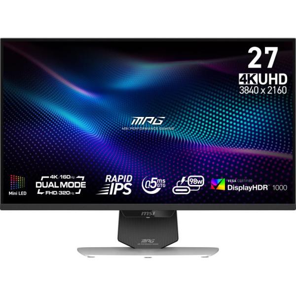 Msi mpg 274urdfw e16m. display diagonal: 68.6 cm (27"), display resolution: 3840 x 2160 pixels, hd type: 4k ultra hd, display technology: led, response time: 0.5 ms, native aspect ratio: 16:9, viewing angle, vertical: 178°. vesa mounting, height adjustmen
